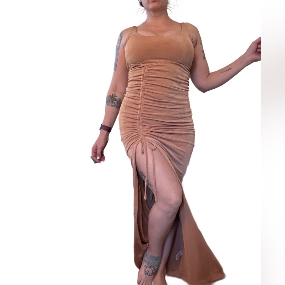 L’Atiste by Amy Ruched Maxi Dress with High Slit – Size Small